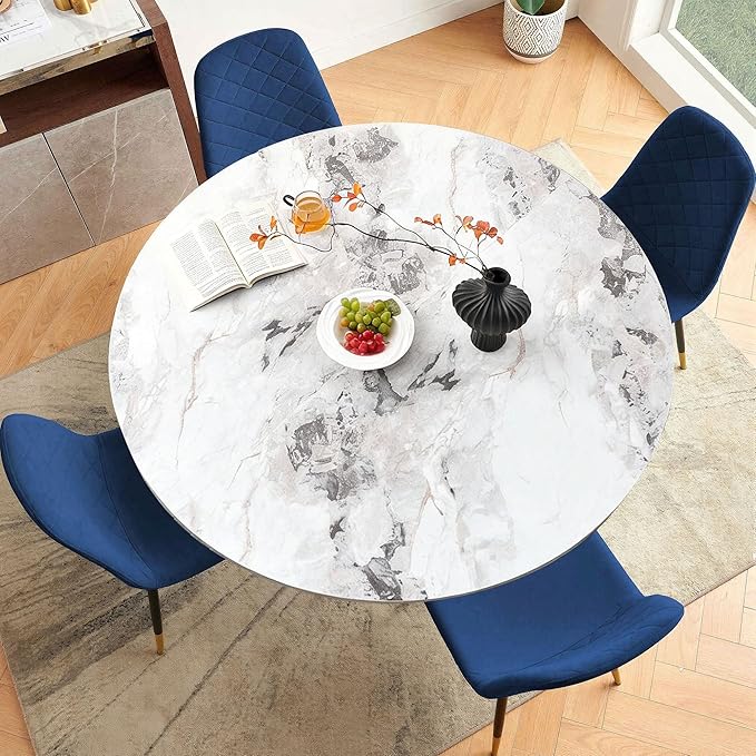 White Round Dining Table Set for 4, Modern Mid Century Wooden Kitchen & Dining Room Table Set, 5 Piece Space Saving (47In Faux Marble Table + 4 Blue Velvet Chairs)