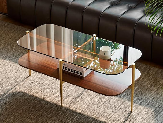 Shrine Oval Glass Coffee Table, Mid-Century Modern Design, Two-Tier Walnut MDF Rounded Corner Table, 41" D x 21" W x 17" H, Sleek Conical Metal Legs with Gold Finish