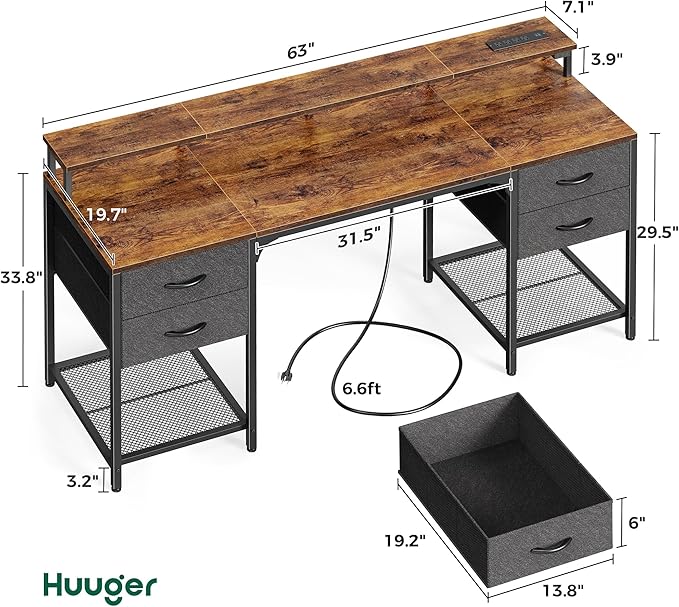 Huuger 63 inch Computer Desk with 4 Drawers, Gaming Desk with LED Lights & Power Outlets, Home Office Desk with Large Storage Space for Bedroom, Work from Home, Rustic Brown