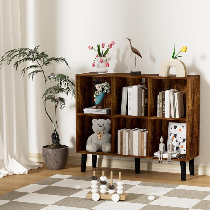 6 Cube Bookcase, Wooden Book Shelf Cube Storage Organizer with Legs, 2 Tier Bookshelf Freestanding Open Shelves for Home Office, Living Room, Bed Room (Brown, 6 Cube Horizontal)