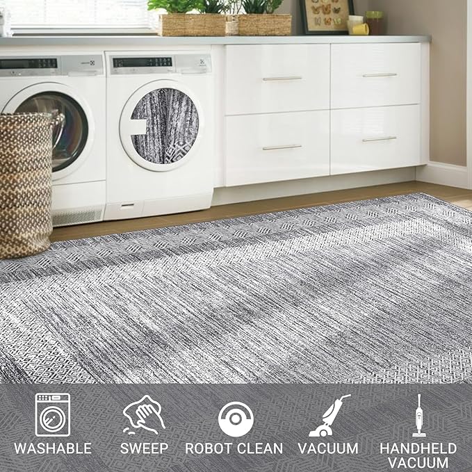 GarveeHome Washable 2.5x10 Kitchen Runner Rug, Easy Clean Geometri Rugs for Hallway Entryway, Indoor Outdoor Non Slip Rug Farmhouse Morden Carpet Door Mat Area Rug for Laundry Room Grey