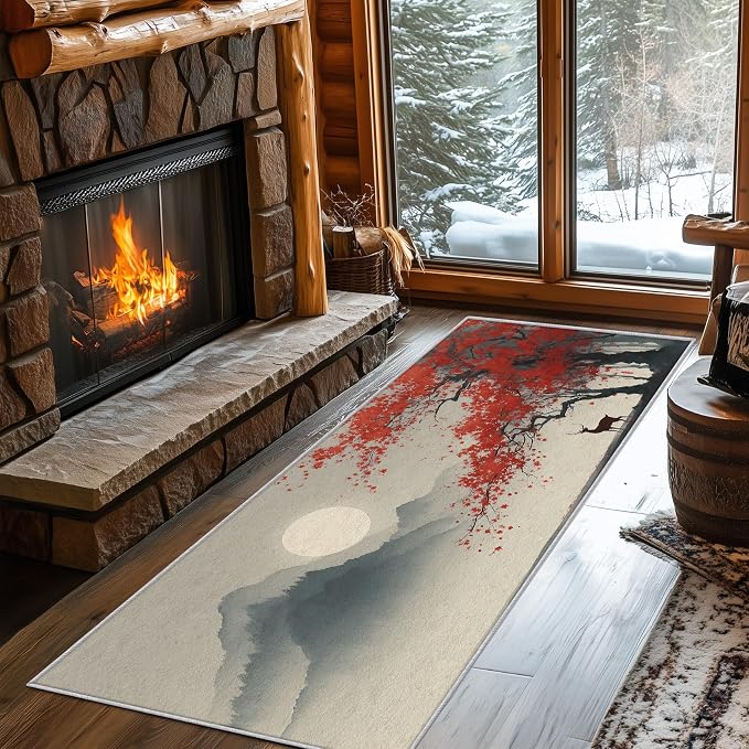 Small Area Rugs 2x4 Entryway, Asian Deer Rug, Japanese Ink Design, Washable Kitchen Rug Non-Slip, Compact Carpet for Laundry Room & Powder Room, Chinese Room Decor