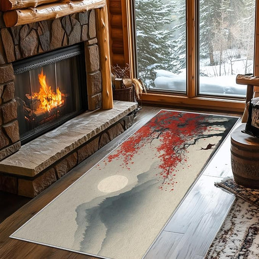 Asian Deer Runner Rug 4x9, Japanese Ink Design, Chinese Area Rug, Washable Non-Slip Floor Carpet Runner for Bedroom, Dining Room, Living Room Aisle