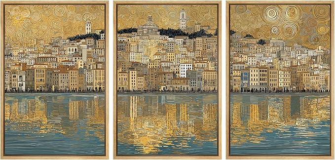 wall26 Framed Print Wall Art Set Golden Cityscape Reflection Gustav Klimt Inspired Coastal TownDecorative Minimal Relax/Zen for Living Room, Bedroom, Office - 16"x24"x3 NATURAL