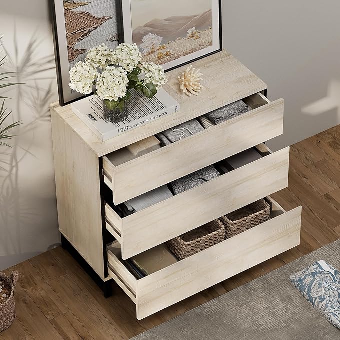 WAMPAT Dresser for Bedroom, Closet Organizers and Storage with 3 Drawers, Chest of Drawers with Metal Base, Modern Wood Dresser for Living Room, Hallway, Entryway, Light Oak