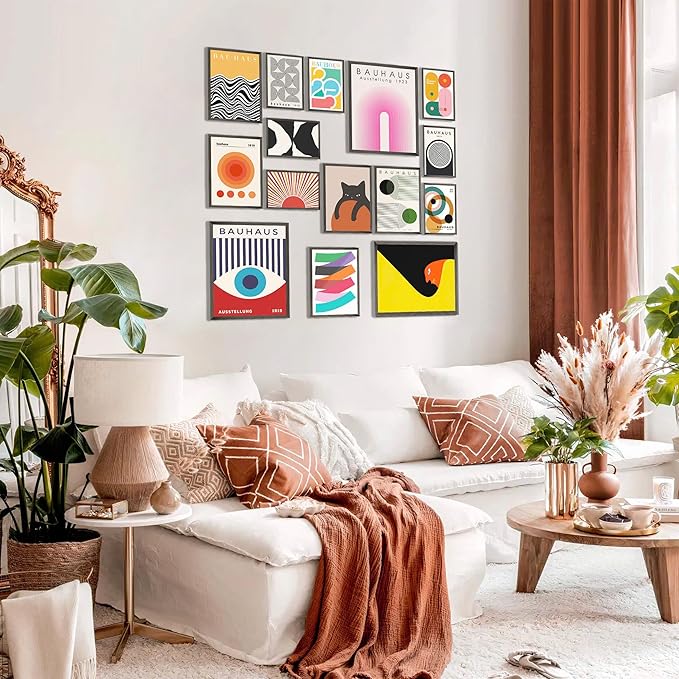 LANCHI95 15PCS Boho Wall Decor – Mid Century Modern Wall Art Boho Posters, Minimalist Posters for Living Room Aesthetic, Bauhaus Wall Art Abstract Poster, Collage Kit Pictures - UNFRAMED