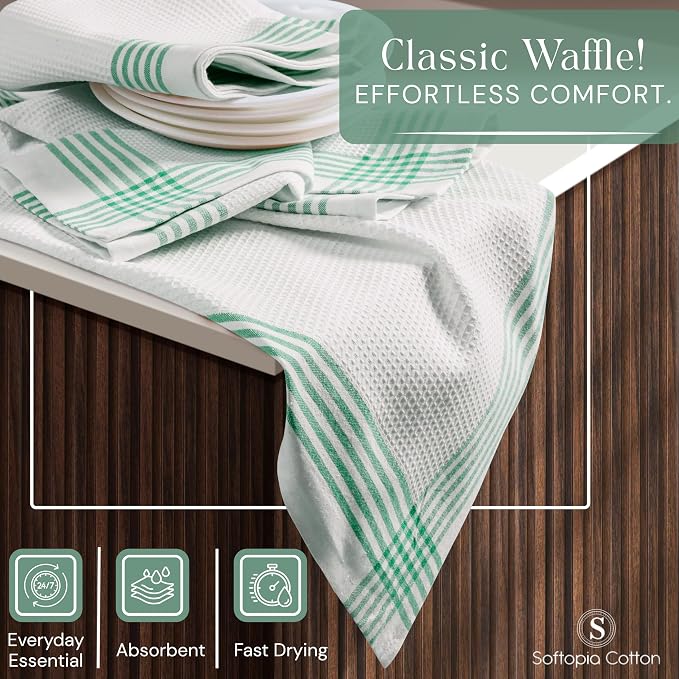 Waffle White & Multi Colors Kitchen Towels Set of 12, 100% Cotton, 16x26 inches, Durable Dish Towel, Quick Dry Dishcloths, Ideal for Drying, Wiping - Indigo Blue, Red, Dark Green