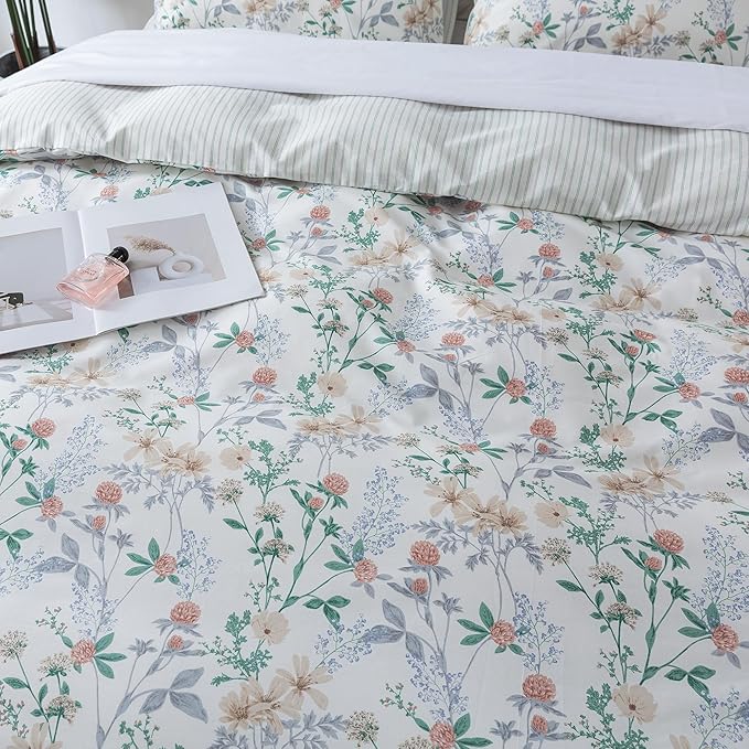 HoneiLife Duvet Dover Queen Size - 100% Cotton Comforter Cover, Breathable Bedlinen for Set for Queen Beds, 3-PC Wildflower Comforter Cover Sets,Desert Rose
