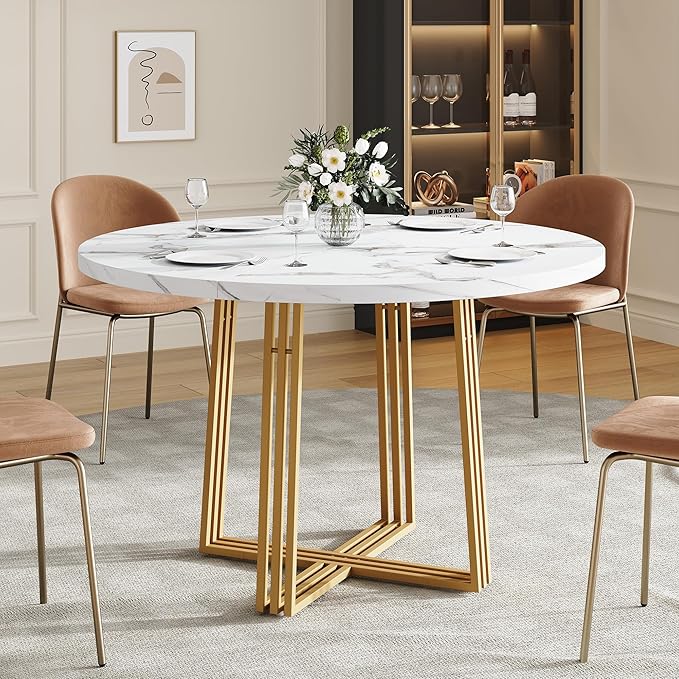 Round Dining Table for 4, 43.3-Inch Faux Marble Kitchen Table, Modern Circle Dinner Table with Metal Base for Dining Room, Kitchen, Breakfast Nook, Apartment, Small Spaces, White and Gold
