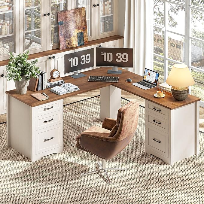Vabches Farmhouse 59" L-Shaped Executive Desk with 2 File Drawers 4 Storage Drawers, Wood Corner Computer Desk Sturdy Writing Workstation with 6 Drawers, Computer Writing Desk for Home Office，White