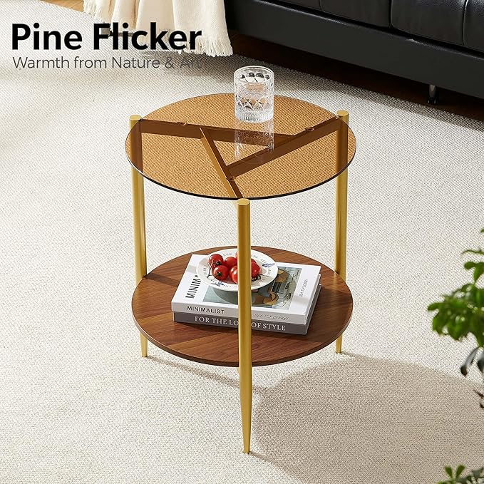 Round End Table, Mid-Century Modern Design, D20*H23 inch, for Living Room, 2-Tier Structure, Amber Glass Top and Walnut MDF Shelf, Sleek Conical Metal Legs with Gold Finish