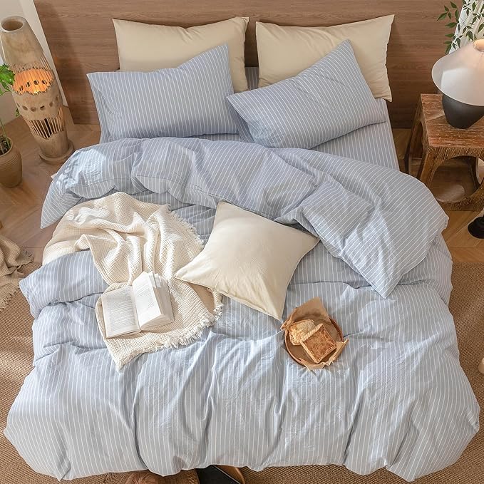 MooMee Striped Duvet Cover Set 100% Washed Cotton Linen Like Textured Breathable Durable Soft Comfy (Cornflower Blue White Wide Stripes, King 104"x90")