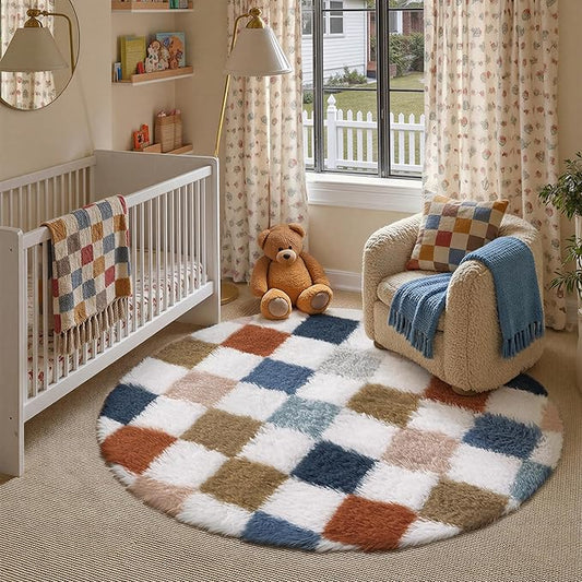 Checkered Rug 5x5 for Living Room, Modern Rainbow Shag Super Soft Washable Fluffy Rugs Indoor Fuzzy Carpet for Bedroom Home Dorm Aesthetic Decor