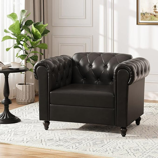 Black Faux Leather Accent Chairs, Button-Tufted Upholstered Club Chair Retro Armchairs, Mid Century Modern Accent Chair with Solid Wood Legs, Cozy Chesterfield Couch Chairs for Living Room, Bedroom