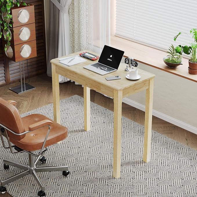 Solid Wood Desk with Drawers - 32 x 16 Inch Simple Narrow Desks, Rubber Wood Study Table, Small Writing Desk for Bedroom|Small Spaces - Natural Boho Desks