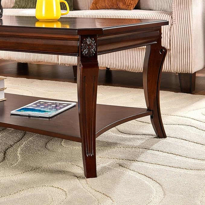 LEEMTORIG Vintage Wood Coffee Table for Living Room, 47 inches Rectangular 2-Tier Coffee Tables with Storage Shelf, Traditional Mid Century Queen Anne Style Cocktail Table, Cherry Walnut KFZ-A1168-WD