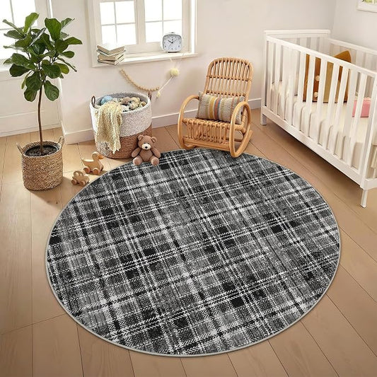 Tartan Plaid Washable Rug, Soft Round Rugs 5ft Circle Carpets for Bedroom Modern Ultra-Thin, Circular Carpet for Living Room Nursery Dorm Bedside, Black
