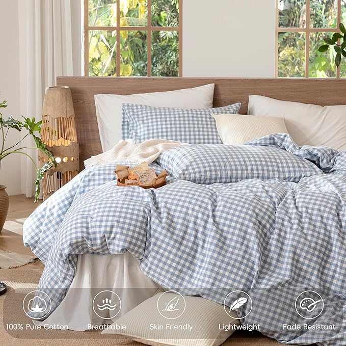 MooMee Gingham Duvet Cover Set 100% Washed Cotton Linen Like Textured Breathable Durable Soft Comfy Modern Checkered Design (Classic Gingham Cornflower Blue, Palatial King/Oversized King 120"x98")
