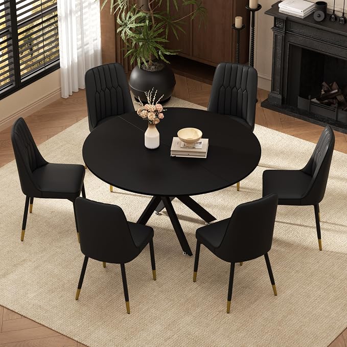 RGZ Mid Century Black Round Dining Table Set for 6, 47" Large Wooden Circle Kitchen Table & 6 Black PU Leather Kitchen Chairs, Dinner Table Set for Home, Apartment, Dining Room