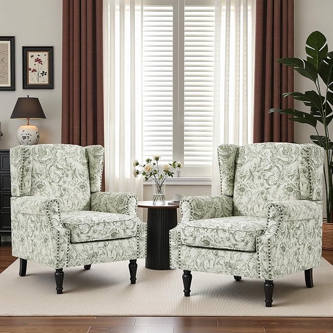Wingback Chairs Set of 2, High Back Floral Accent Chair in Fabric, Comfy Upholstered Armchair with Nailhead Trim for Living Room, Single Sofa Reading Chair for Small Spaces, Bedroom-Rococo Green