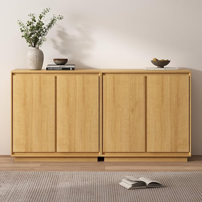 2pcs Sideboard Cabinet Buffet Cabinet with Storage with Adjustable Shelves and Handle-Free Design Suitable for Kitchens,Hallway,and Living Rooms Natural Oak