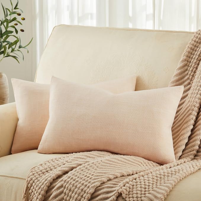 ZeeMart Rustic Cotton Linen Lumbar Throw Pillow Covers Set of 2, 12x20 Inch Cream, Farmhouse Style Decorative Couch Pillow Cases Cushion Covers for Sofa Bed Living Room Home Decor