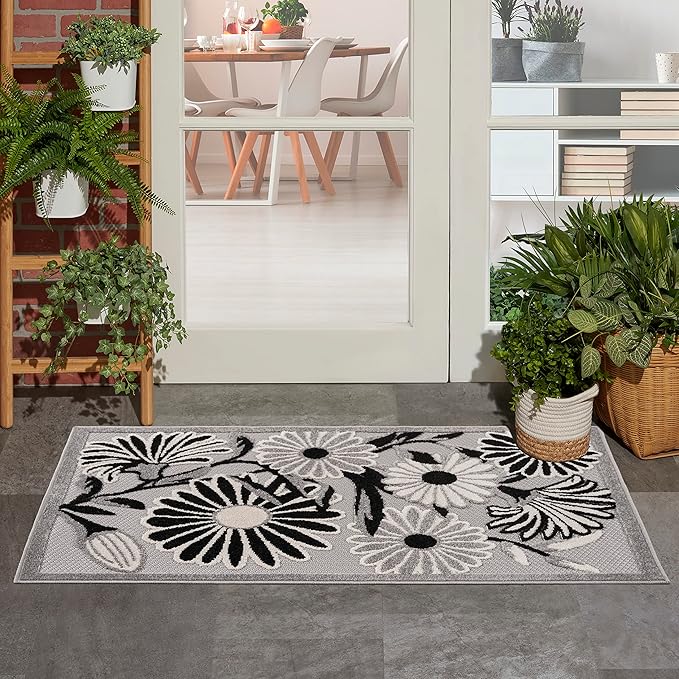Nourison Home Aloha Black White 2'8" x 4' Area Rug - Easy Clean, Non Shedding, Bed Room, Living Room, Dining Room, Kitchen (3' x 4')