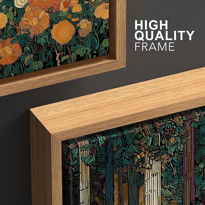 wall26 Framed Print Wall Art Set Klimt Style Sunlit Forest Vibrant Green and Gold Floral WoodlandDecorative Minimal Relax/Zen for Living Room, Bedroom, Office - 16"x24"x3 NATURAL