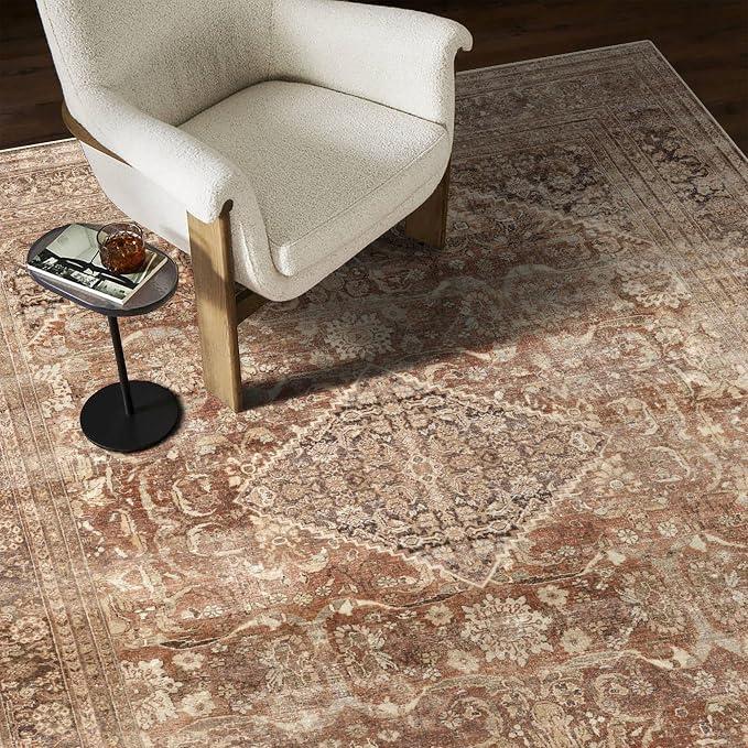vivorug 9x12 Area Rugs for Living Room, Non Slip Machine Washable Vintage Rug, Ultra-Thin Lightweight Large Area Rug for Bedroom, Dining Room, Low Pile Rug Earth Tone