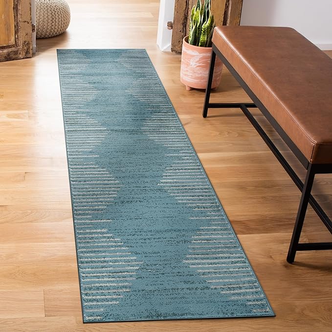 Rugshop Bohemian Stripe Stain Resistant High Traffic Living Room Kitchen Bedroom Dining Home Office Area Rug 2' x 7' Blue