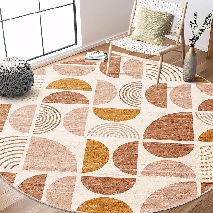 MUJOO Round Rugs 6ft,Circle Area Rug Washable,Circular Rugs for Living Room Dining Room,Large Boho Non Slip Throw Floor Carpet Modern Abstract Bohemian Orange