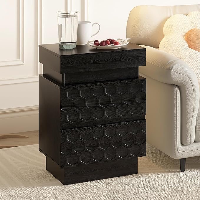 Led Nightstand with Charging Station, Hexagonal Fluted Night Stand with Sliding Top, Wooden Bedside Table with 3 Drawers, Modern Bed Side End Table for Bedroom, Living Room, Black