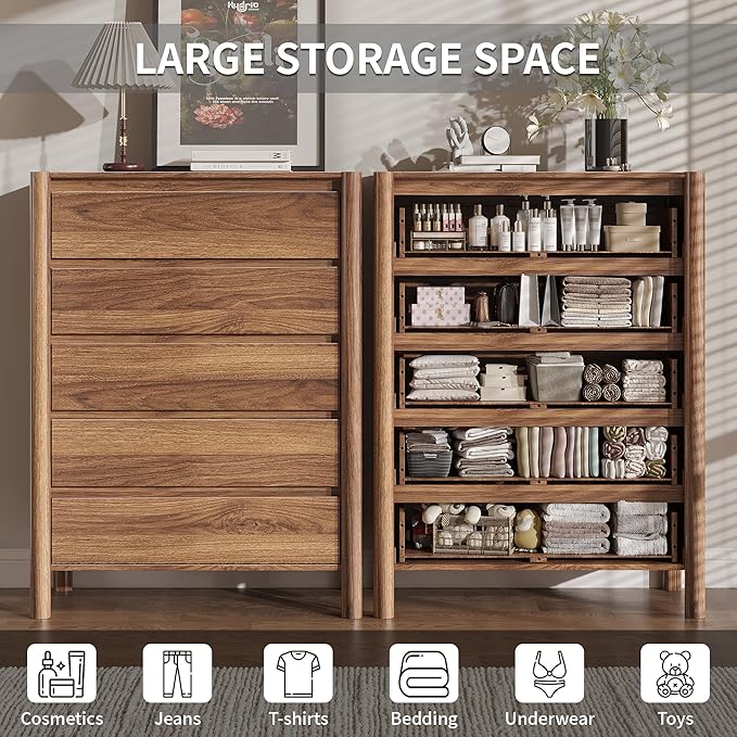 CHUWELL 5 Drawer Dresser for Bedroom，45" Tall Mid Century Chest of Drawers with 5 Large Storage Space and 4 Solid Wood Cylindrical Legs, Large Dresser for Bedroom(Walnut)
