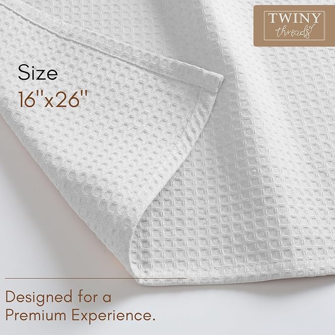 TWINY threads Waffle Kitchen Towel, Premium Large Kitchen Linen Set, 100% Cotton Dish Cloths, Absorbent Quick Drying Wash Rags for Drying Dishes, Reusable, Set of 6, 16x26 Inches, White