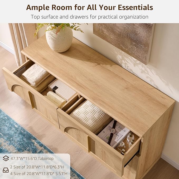 ACCOHOHO Arched Dresser for Bedroom with 6 Drawers, 47.3" Wide Modern Chest of Drawers with Rounded Edge & Metal Handles, Wood Storage Closet Dressers TV Stand for Living Room, Hallway, Oak