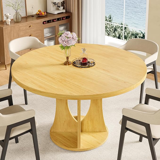 iPormis 47-Inch Round Dining Table for 4-6 People, Circle Dinner Table with Wooden Legs and A Stable Round Pedestal Base, Space Saving Wooden Kitchen and Dining Room Table, Oak (Table Only)