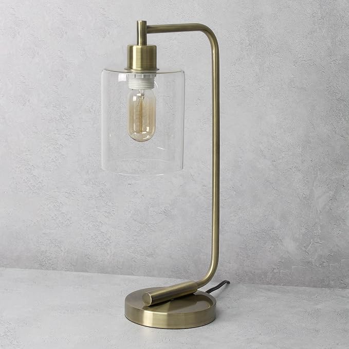 Simple Designs LD1036-ABS-LB 18.8" Industrial Bronson Antique Style Iron Lantern Desk Table Lamp with Glass Shade for Office, Living Room, Bedroom, Antique Brass, with Feit LED Bulb Included