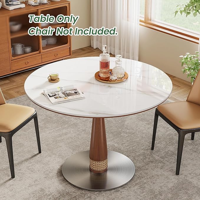 39” Round Dining Table with Solid Wood Base, White Sintered Stone Tabletop, Scratch and Heat Resistant, Modern Marble Table for Kitchen, Dining Room