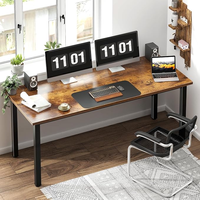 Need 63 Inch Large Computer Desk - Modern Simple Style Home Office Gaming Desk, Basic Work from Home Writing Table for Study Student, Large Legroom, Black Metal Frame, Rustic Brown