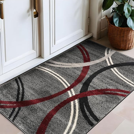 Rugshop Modern Wavy Circles Design Non-Shedding Accent Rug, Carpet for Entryway or Laundry Room, Red, 2'7" x 4'
