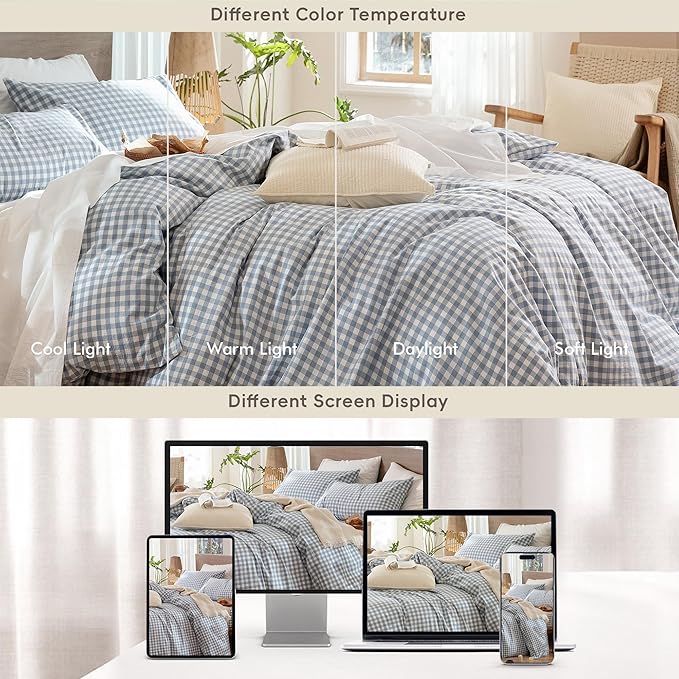 MooMee Gingham Duvet Cover Set 100% Washed Cotton Linen Like Textured Breathable Durable Soft Comfy Modern Checkered Design (Classic Gingham Cornflower Blue, Oversized Full 82"x86")