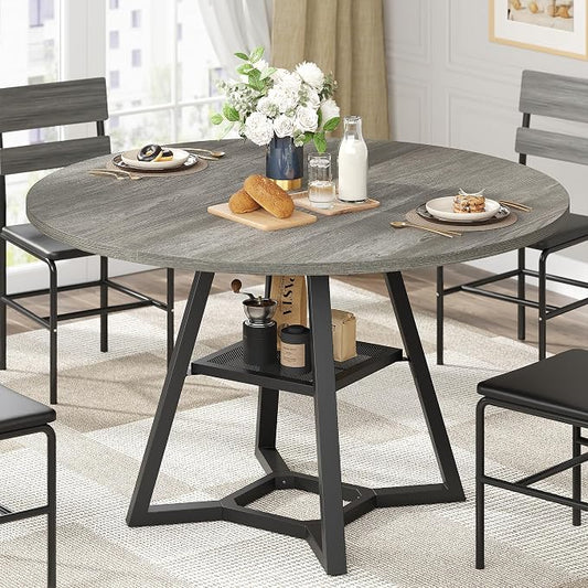 knoworld 47" Round Dining Table for 4, Kitchen Tables Dining Room Circle Dinner Table with Pedestal Metal Frame, Space Saving Wood Industrial Kitchen & Dining Room Tables, Dark Grey 47In