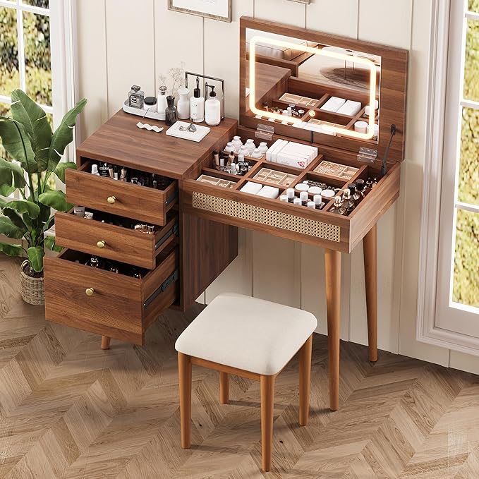 39" Wooden Makeup Vanity Set with 3 Rattan Drawer and Stool, Retro Walnut Dressing Table with Mirror and LED Lights, Vintage Bohemian Fluted Vanity for Bedroom Living Room