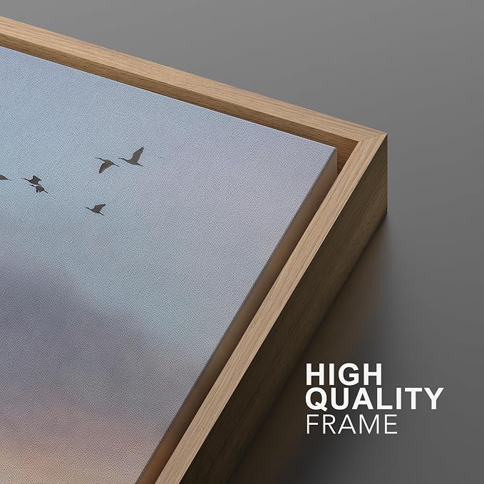 MUDECOR Framed Canvas Print Wall Art Flying Birds in Pastel Sunset Sky Panorama Illustrations Minimalism Decorative Bohemian Zen for Living Room, Bedroom, Office - 24"x36" NATURAL