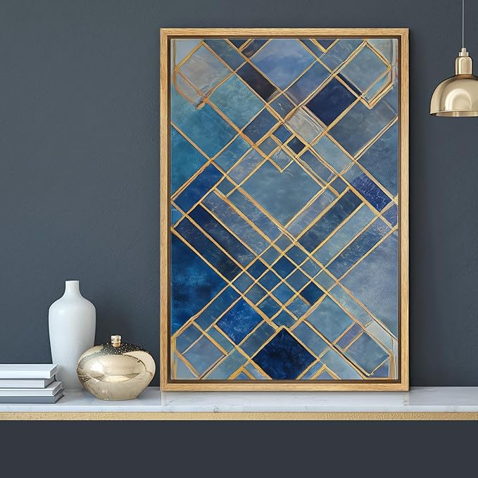 MUDECOR Framed Canvas Print Wall Art Blue and Gold Art Deco Geometric Pattern Illustrations Fine Art Mid-Century Modern Multicolor for Living Room, Bedroom, Office - 24"x36" NATURAL