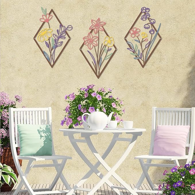 cape leadwort 3 Pcs Metal Flower Wall Decor, Minimalist Floral Wall Hanging Art, Abstract Line Floral Wall Art Sculpture for Bedroom Bathroom Living Room Kitchen Dining Room Office Hotel (Colorful)