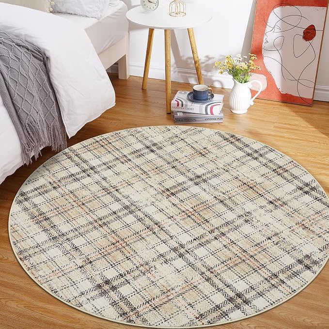Tartan Plaid Round Rugs 6Ft Washable Area Rug for Playroom, Kids Non-Slip Neutral Classic Circle Rug Modern Large Carpet Soft Boys Rug for Classroom Dorm Bedroom, Beige