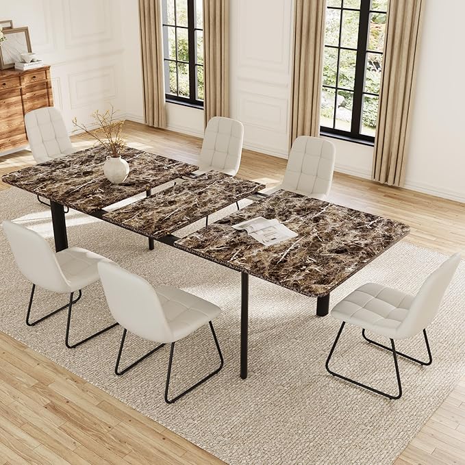 Extendable Dining Table Set for 6-8 People, 63 to 78.7 Inch MDF Kitchen Table with 6 Upholstered Chairs, Space-Saving for Dining Room, Breakfast Nook (Brown Table & 6 White U-Shaped Chairs)