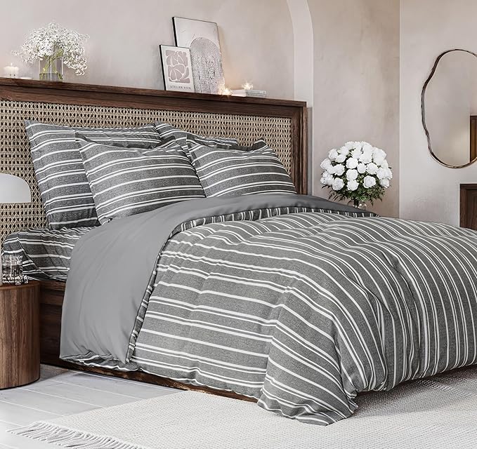 Duvet Cover Queen Size - Extra Soft Queen Size Duvet Cover - Lightweight, Breathable, Easy Care & Fade Free w/Zipper Closures & Ties - 90" x 90" Inches - (Grey Stripes 3) Comforter Not Included