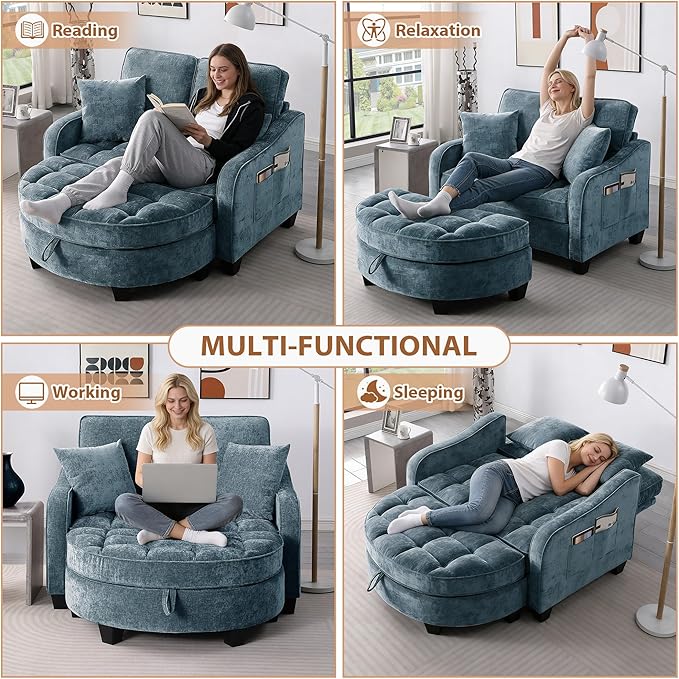 Oversized Curved Chaise Lounge Chair Indoor with Ottoman, 54.8" Cloud Boneless Reading Chair Soft Chenille Circle Couch w/Adjustable Backrest for Living Room, Apartroom, Bedroom, Blue